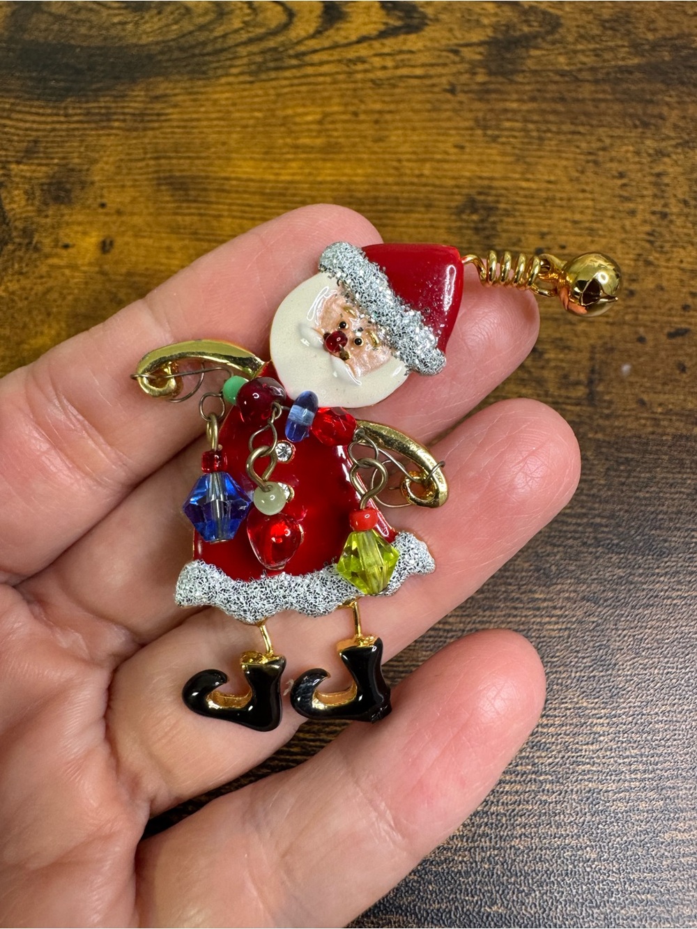 💚4/$20 TC Red Santa Elf Brooch Pin with Multicolor Beads
